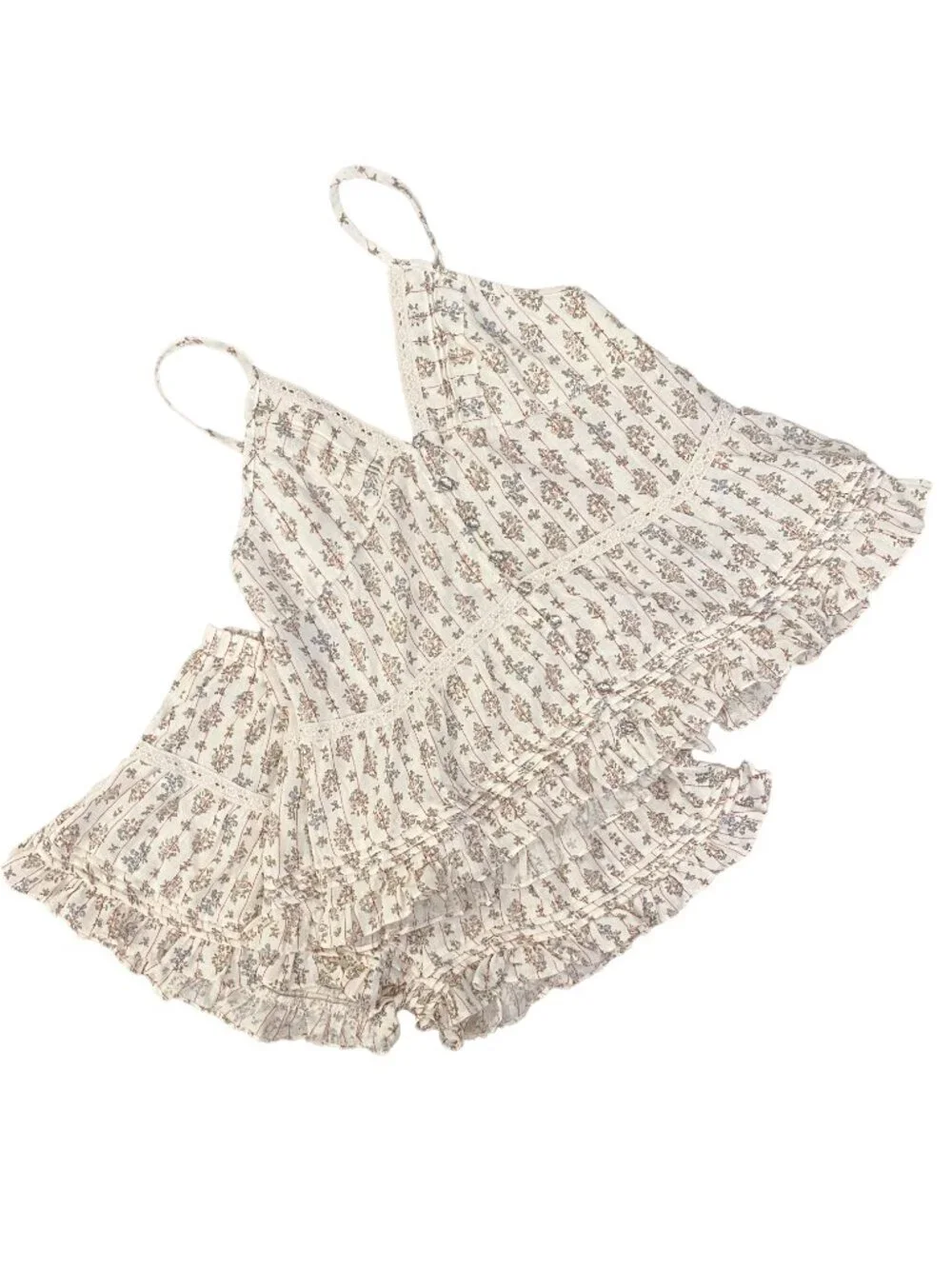 POL Clothing Floral Ruffle Pintuck Shorts & Cami Tank Set S Cottagecore Boho
